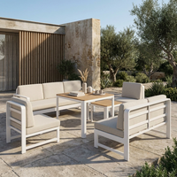 Ensemble de canapés d'extérieur modernes en aluminium 7 pièces avec canapé 3 places, causeuse, 2 chaises et tables hautes et basses pour la salle à manger et les espaces publics