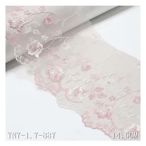Superb 14CM Pink Tulle Vivid Flower Embroidery Lace Trim Voile Ribbon Lace Fabrics For Women Dress Suit