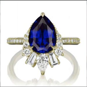 Classic Pear Cut Lab Sapphire Engagement <b>Ring</b> With Diamond Accents 18K Gold Prong Setting For Women - Product Image 1