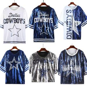 10 Colors Game Day Sports Dallas Cowboy Jersey <strong>Sequin</strong> T-Shirt Cowboy Football <strong>Sequin</strong> <strong>Tops</strong> for Women - Product Image 2