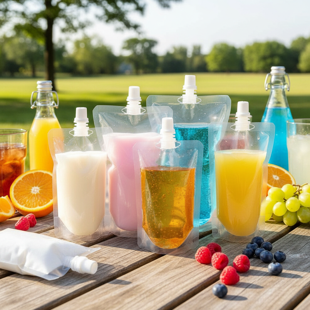 Wholesale Transparent PE Clear Stand up Liquid Packaging Spout Top Nozzle Pouch Moisture Proof Durable Beer Drink Juice Bags