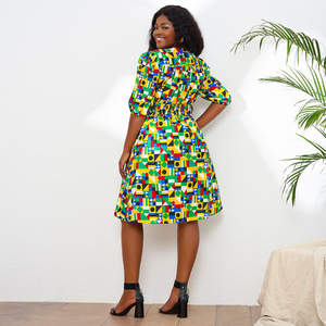 Nouvelle arrivée <span class=keywords><strong>Robe</strong></span> mi-longue en tissu africain Ankara <span class=keywords><strong>Wax</strong></span> en polyester à col en V et manches courtes pour femmes - Product Image 6