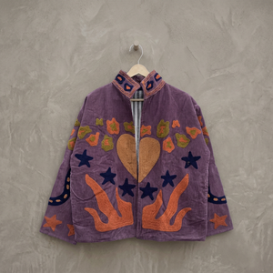 <b>Purple</b> <b>Velvet</b> Embroidered Jacket Mandarin Collar Full Sleeve Autumn Floral Pattern Hand Embroidery Women's Outerwear Wholesale - Product Image 1