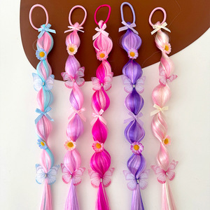 Fascia per capelli intrecciata fatta a mano con fiore e farfalla, elastico per capelli per bambine, fascia per coda alta per ragazze, treccia a bolle - Product Image 1