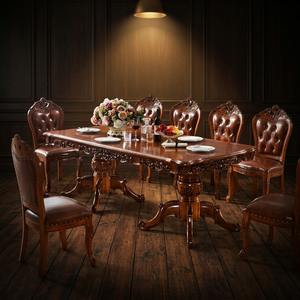 Juego de Comedor Tradicional de Madera Tallada, Mesa Rectangular para 8 Personas, Sillas de Cuero Estilo Antiguo, Muebles para Comedor - Product Image 5