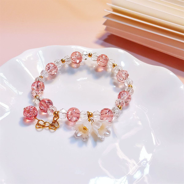 Handmade Women's Trendy Friendship Bracelet Colorful Crystal Glass Lily Valley Flower Beads Elastic Rope Zinc Alloy