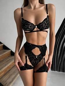 Conjunto de Lencería Sexy de Encaje Floral con Aros, Sujetador Transparente y Braguita, 3 Piezas, con Liga y Push-Up para Mujer - Product Image 3