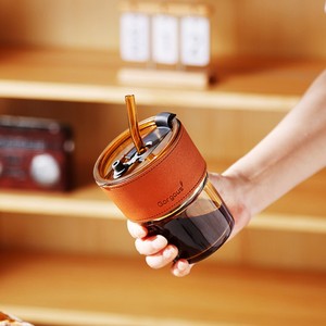 Bán Buôn Giá 400Ml Màu Xám Hổ Phách Thủy Tinh Cốc Soda Nước Giải Khát Da Tay Áo Cốc Cà Phê Với Nắp Và Rơm Bảo Vệ - Product Image 3