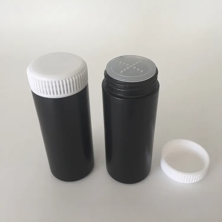 Empty 60ml HDPE plastic baby talcum powder bottle with sifter screw cap lid, 2oz black white talcum powder packaging container