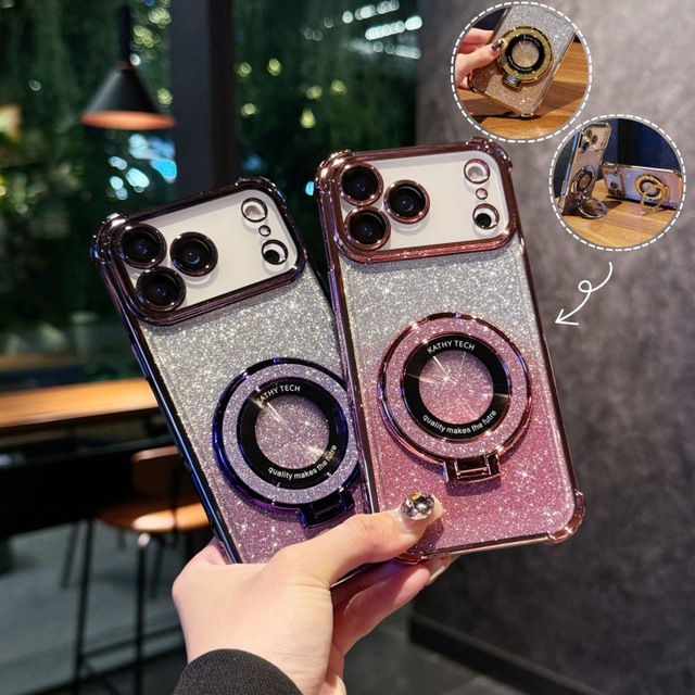 For Apple iPhone 17 Pro Electroplated Anti-Fall Soft TPU Case with Magnetic Stand Phone Glitter Protective Cover for Iphone 16