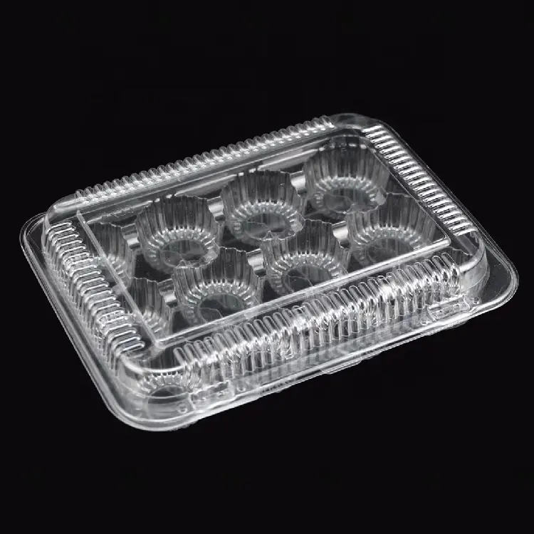 Caixa plástica descartável com dobradiças PET de cristal 12 contagens com tampa para muffins e cupcakes de pastelaria