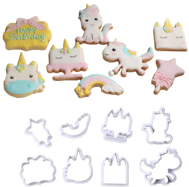8Pcs/Set DIY Cute Cartoon Unicorn Horse Shape Fondant Cake Cookie Cutter Mold Biscuit Decorating Moulds