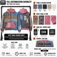 Sweat à capuche zippé personnalisé bleu délavé 360 g/m² avec empiècements, imprimé varsity, motif camouflage et rose, style streetwear OEM ODM