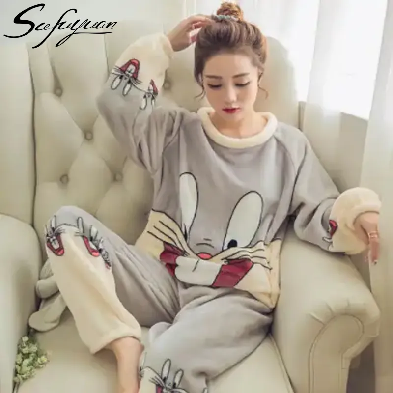 SFY-Y485 Cute Cartoons Quente Outono Inverno Mulheres Pijamas Define Flanela Grossa 2PCS Sleepwear Manga Longa Homewear Veludo da Menina