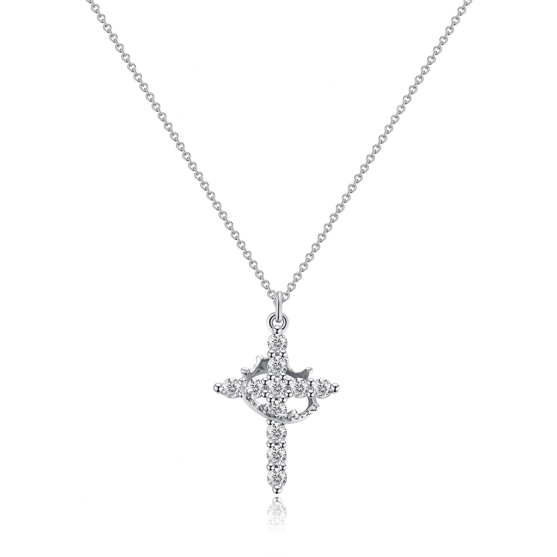 Silver brass cross necklace with crown