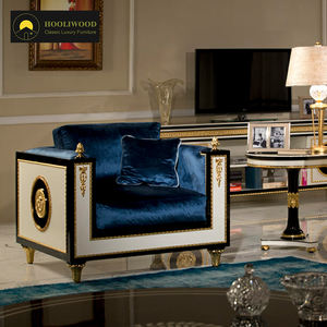 Sofá individual de terciopelo azul real de lujo, detalles dorados, adorno blanco, diseño clásico europeo, comodidad moderna, sofá de estudio para sala de estar - Product Image 1