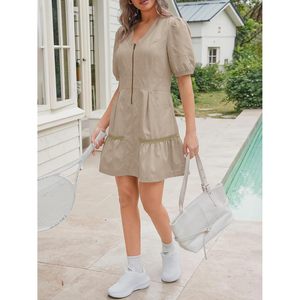 Women's Solid Short Sleeve Mini <b>Dress</b> V Neck Loose Mesh Back Utility Summer with <b>Pockets</b> - Product Image 5