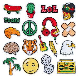 Iron on Embroidered Leopard Smile <b>Face</b> Headphone Skateboard Adhesive Bandage LOL Skull Eagle Patches for Clothes Bag Decoration - Product Image 1