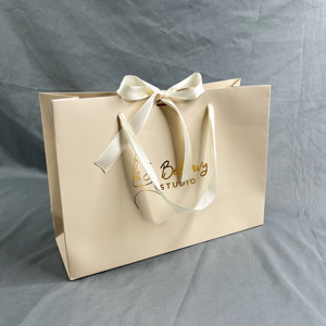 Custom Nude Peach Paper Gift Bags Gold Foil Hot Stamping Logo With Satin <b>Ribbon</b> Bow Handle Clothing <b>Wedding</b> Packaging - Product Image 6