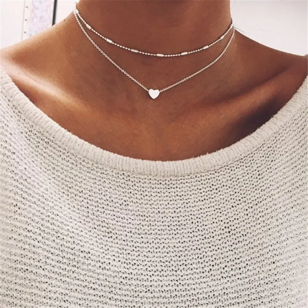 Fashion Jewellery Double Layer Heart Chain Gold Choker Charm Necklaces Vintage Gold Silver Color Chokers