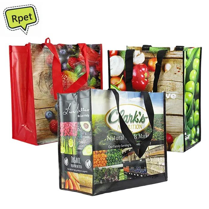 Bolsa de reciclaje de supermercado de regalo imprimible completa personalizada bolsa de asas de comestibles de Oro Negro bolsa de compras no tejida de tela laminada ecológica Pp