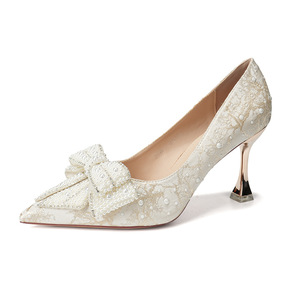 Zapatos de tacón con punta en pico y lazo, con pedrería, de encaje, formales, para mujer, estilo sin cordones 8599B-173 - Product Image 5