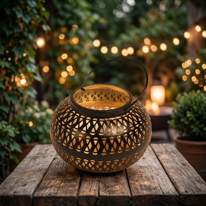 Lanterne marocaine ronde en métal découpé avec poignée, marron, pour bougie d'extérieur, décoration - Product Image 1