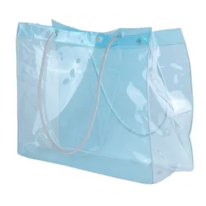 थोक सस्ते अच्छी स्पष्ट पीवीसी प्लास्टिक हैंडबैग पीवीसी शॉपिंग समुद्र तट बैग के साथ लोगो