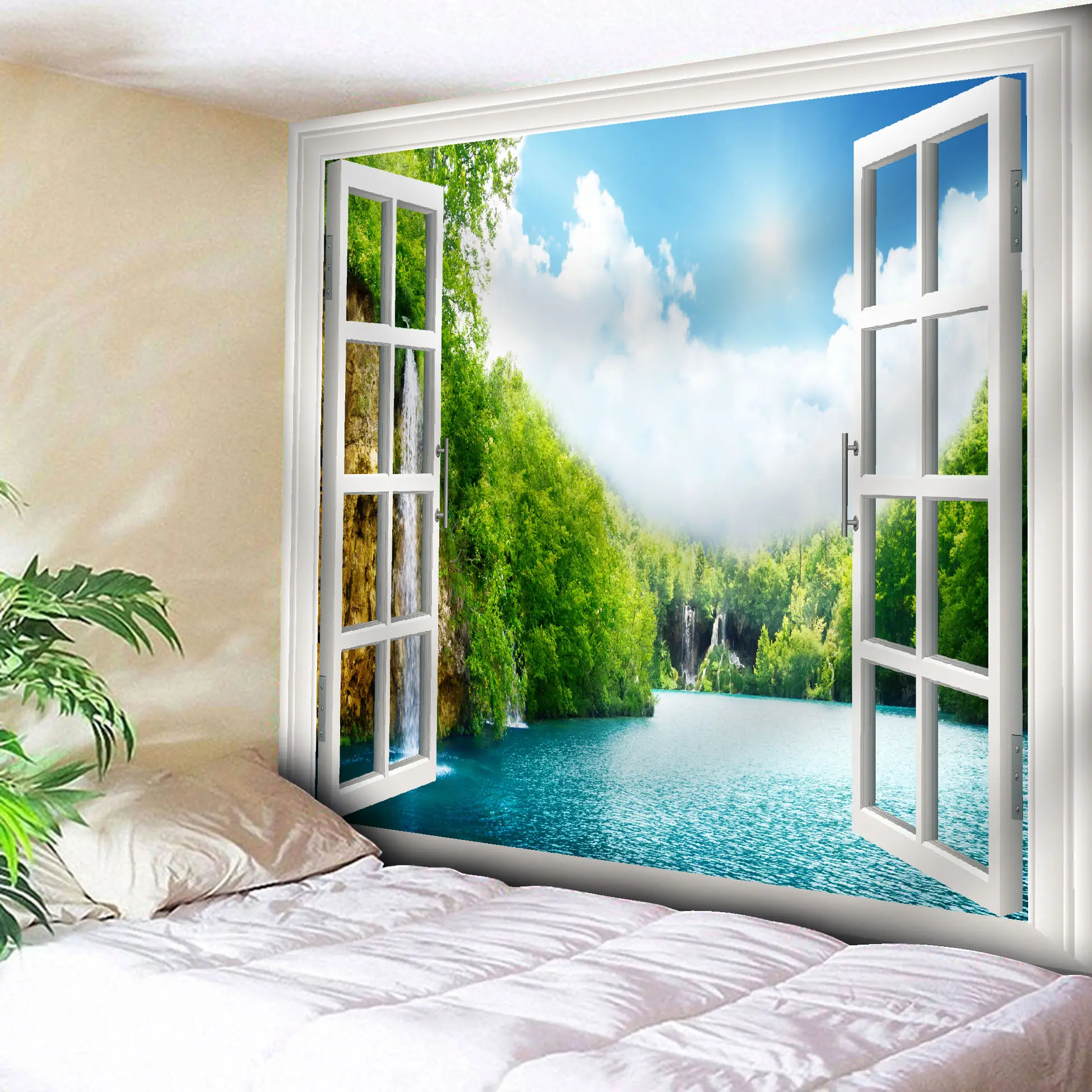 Light weight Fabric Window with Ocean Beach Landscape Scenic View Wall Tapestry 80*60 Inch