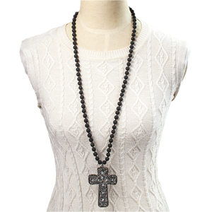 <span class=keywords><strong>Collana</strong></span> annodata in pietra vulcanica etnica Vintage <span class=keywords><strong>collana</strong></span> con strass di perle grigie con ciondolo a croce - Product Image 1