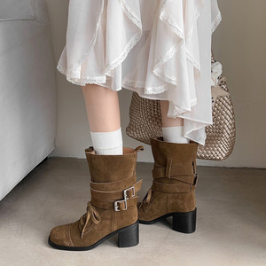 Zapatos de Tacón Medio Grueso, Elegantes, Retro, Casuales, de Color Sólido, con Punta Cuadrada, Hechos a Mano con Cuero Genuino, Impermeables - Product Image 4