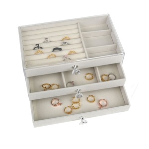 Three-tier jewelry <b>box</b> for rings, pendants, <b>earrings</b>, and studs; minimalist Korean-style grid design. - Product Image 5