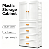 Armoire en plastique PP blanc 69x38x150cm avec tringle de suspension et 4 tiroirs, grand meuble de rangement pour vêtements pour chambre à coucher et maison