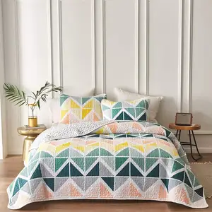 Jogo de cama reversível e colorido 3 peças, conjunto de colcha com tamanho de rainha, verde, laranja, amarelo, microfibra, leve e com cobertura floral