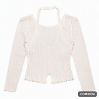 Haut en tricot respirant pour femme, col licou, manches longues, noué sur le devant, côtelé, coupe ajustée, effet superposé, personnalisable OEM