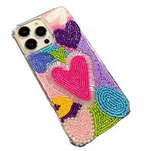 Étui de téléphone iPhone à motif floral avec strass, résistant aux chocs, 6 pouces, artisanat Ziyan, perles en forme de cœur - Product Image 1