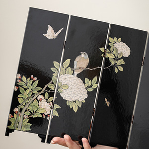 Modern Chinese Style Folding <b>Screen</b> Black Ink Bird And Flower Design Movable Room Divider Tea Ceremony Decor - Product Image 1