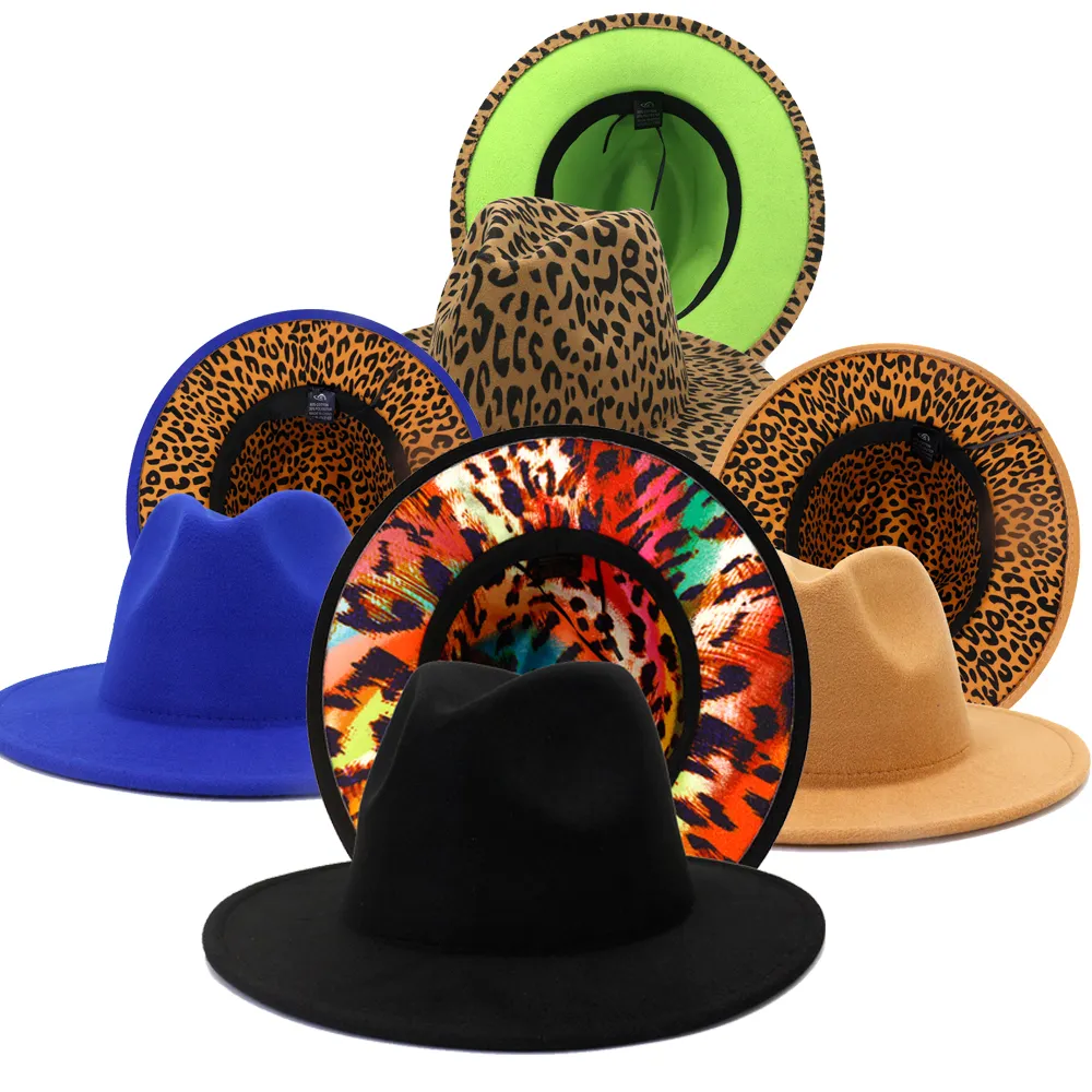 Wholesale Factory Direct Sale High Quality Fake Wool Felt Fedora Hats Leopard/Cheetah Print 2 Tone Fedoras With Red Bottom