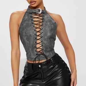 Novedad de verano, <span class=keywords><strong>Chaleco</strong></span> Corto tejido de <span class=keywords><strong>piel</strong></span> sintética para mujer, Top ajustado, correa sin espalda, diseño Sexy - Product Image 2