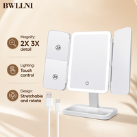 Miroir de maquillage pliable à LED rechargeable par USB, rotation reconfigurable, grossissement 2X/3X, pliable sur trois côtés, pour bureau