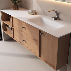 Mueble de baño inteligente de color madera natural con lavabo integrado de losa de roca curvada en caliente, personalizado. - Product Image 2