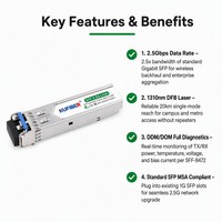 Transceiver Fibre Optique SFP-2.5G-LX20-SM1310 en Gros Usine, 20km LC SMF DDM, Température Industrielle, Étiquette Personnalisée