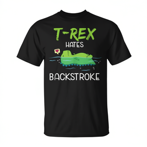 T-shirt unisexe pour adulte à manches courtes et col rond, imprimé numérique, motif humoristique sur le thème de la natation, avec le slogan « T-Rex Hates Backstroke Dinosaur » - Product Image 2