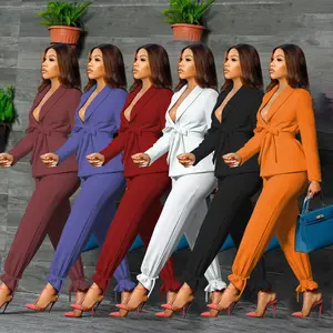 משרד ליידי סתיו 2021 בלייזר סטי להנמיך צוואר מלא שרוולי תחרה למעלה חולצות ואופנה ראפלס שרוול סיבתי מכנסיים תלבושות S-2XL