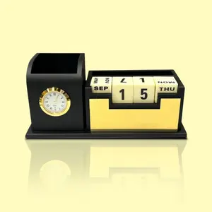 Standard Quality Elegant look Desktop Article Pen Stand with watch for Office and School Tabletop Decoration