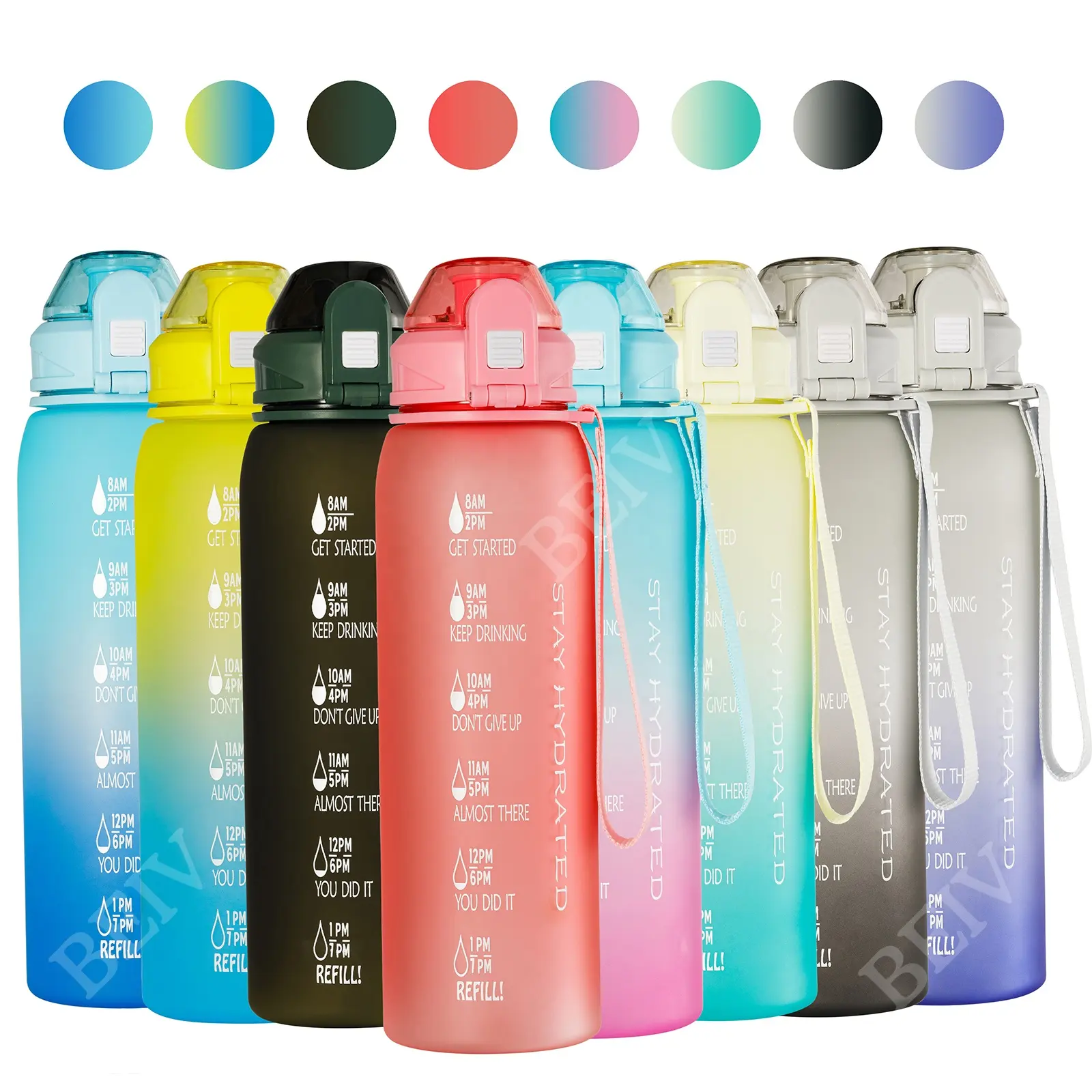 Çevre dostu Bpa Free filtreli kullanımlık spor bisiklet sevimli 32Oz spor motivasyon Tritan plastik su şişesi ile zaman işaretleyici