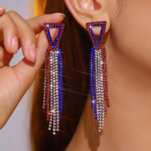 Amerikan bağımsızlık günü yıldız kadınlar uzun püskül küpe kırmızı beyaz mavi Rhinestone bayrak aşk kişinin ülke küpe - Product Image 4