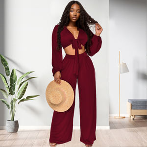 Nuevo Diseño, Ropa de Talla Grande para Mujer, Formal, para Salir, de Color Sólido, Pantalón de Pierna Ancha, Conjunto de 2 Piezas, a la Moda - Product Image 4