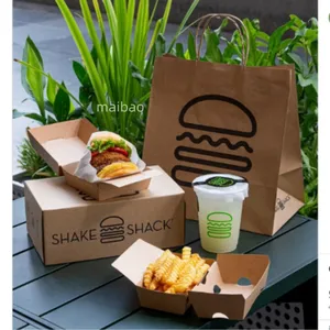 Toptan kahverengi kraft kağıt torbalar için kahve burger fries takeaway gıda taşıyıcı kulplu çanta özel logo geri dönüştürülebilir gıda torbaları