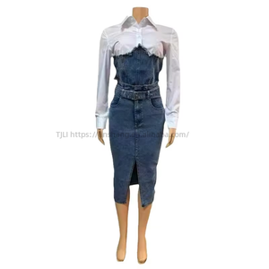<b>Patchwork</b> <b>Shirt</b> Slit Skirt Women's Casual Denim 2-piece Set Fashion - Product Image 5